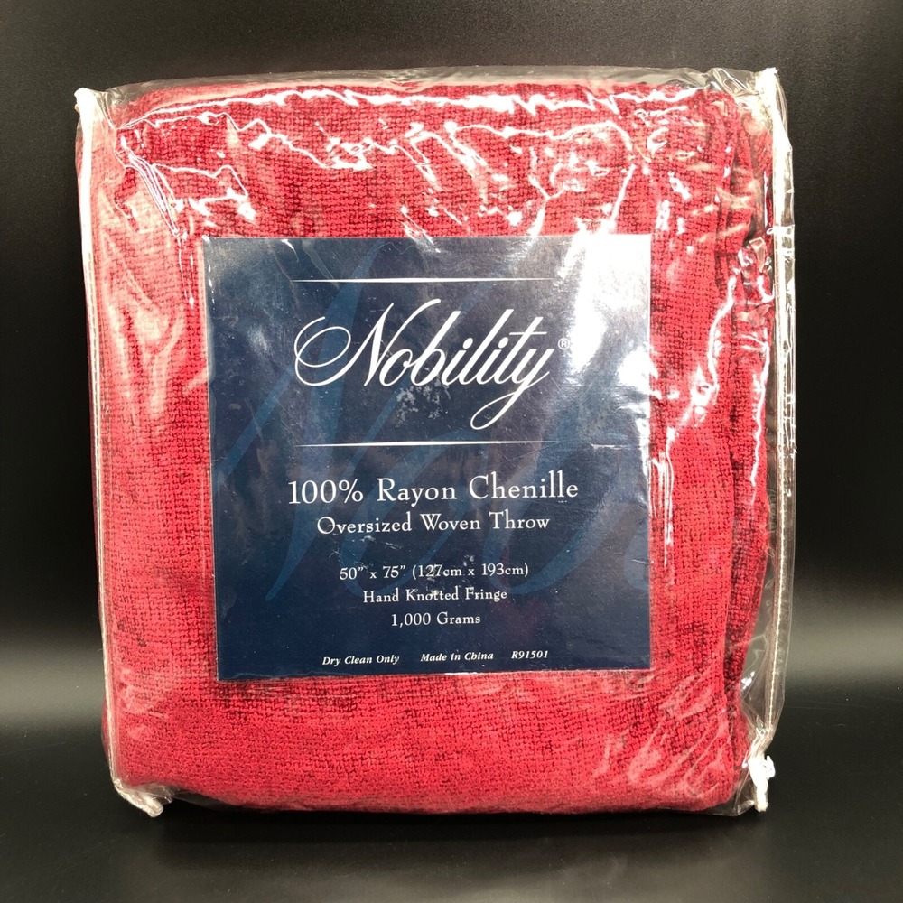 Nobility Chenille Throw Red 50" x 75" Rayon Hand Knotted Fringe Oversized NEW